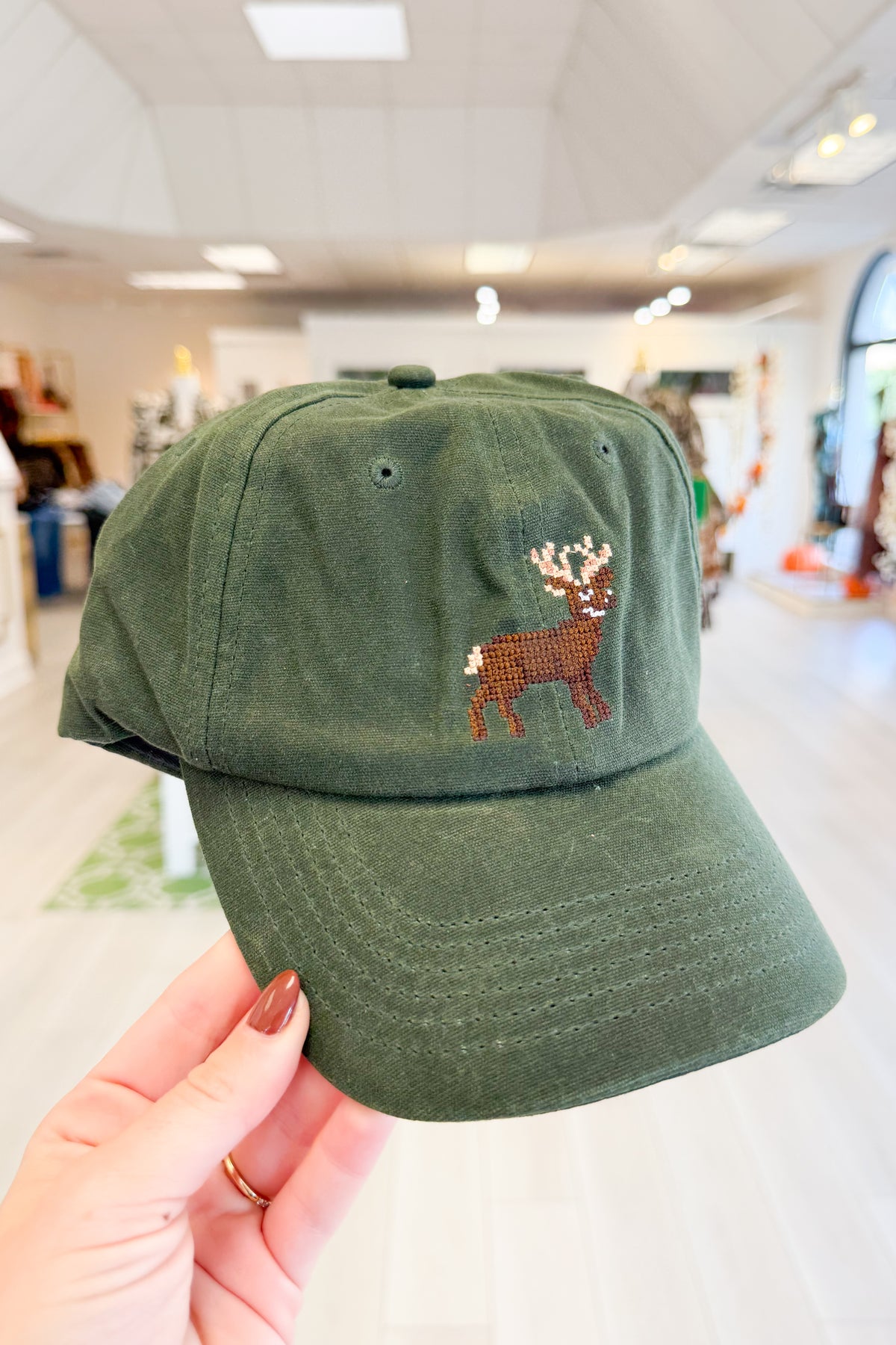 Buck Embroidered Waxed Canvas Baseball Cap in H. Green
