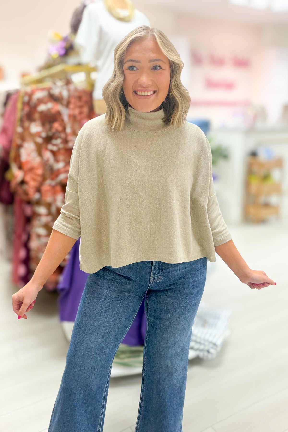 Simple Sway Boxy Mock Neck Top - Linen