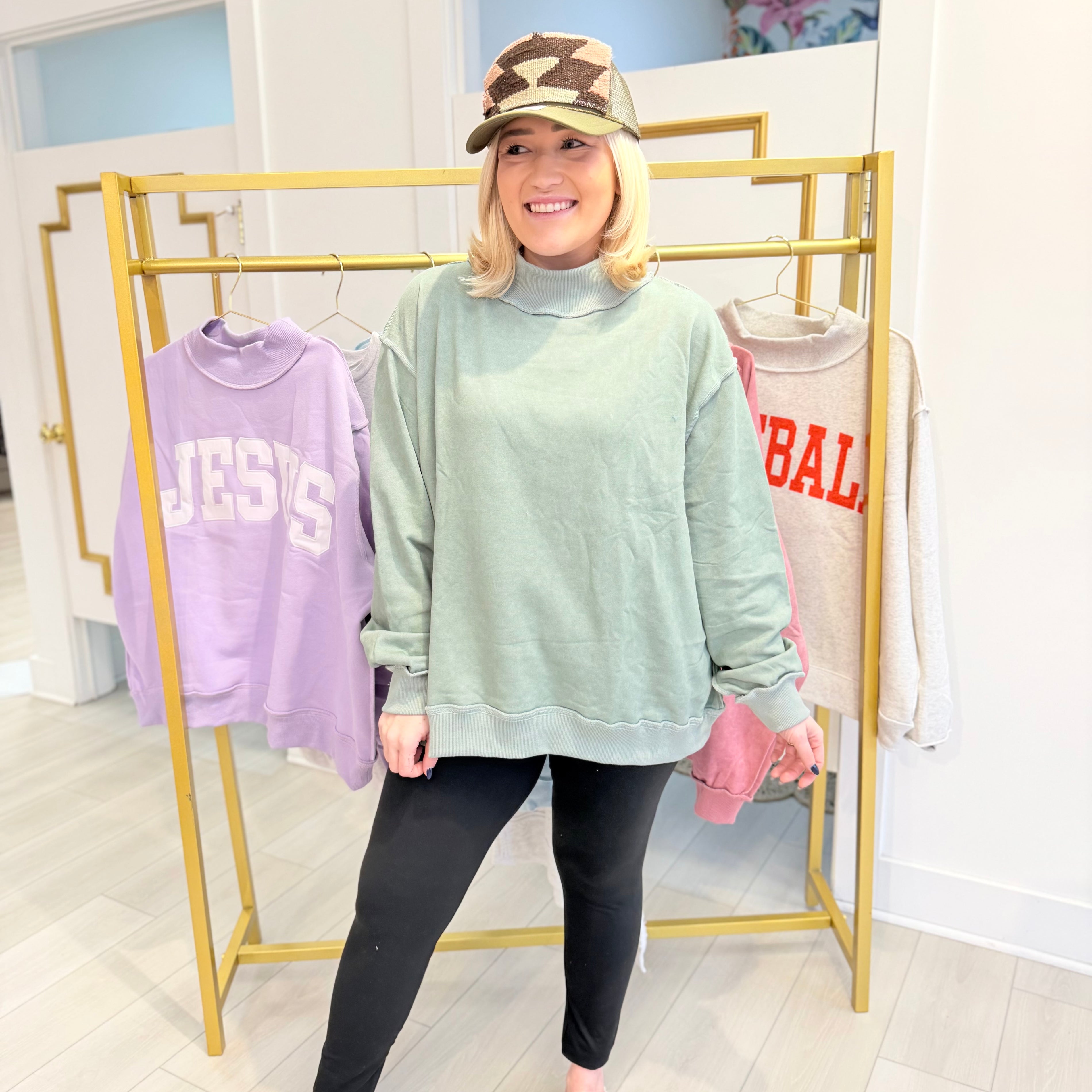 Vintage Wash Mock Neck Sweatshirt in Sage