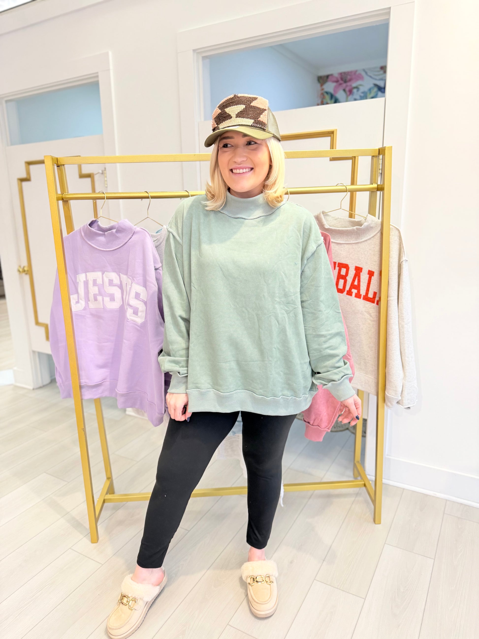 Vintage Wash Mock Neck Sweatshirt in Sage