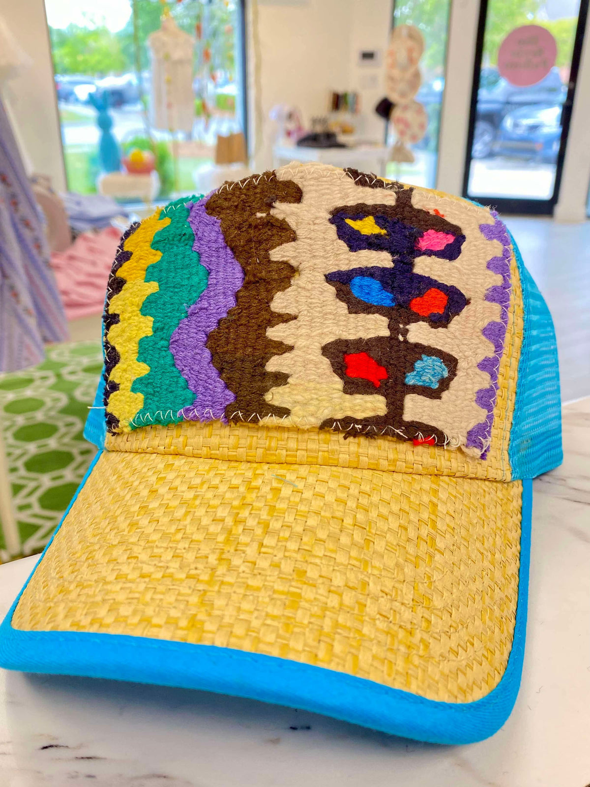 ORIJINAL Straw Trucker Hat in Blue - Turquoise/Purple/Brown Patch