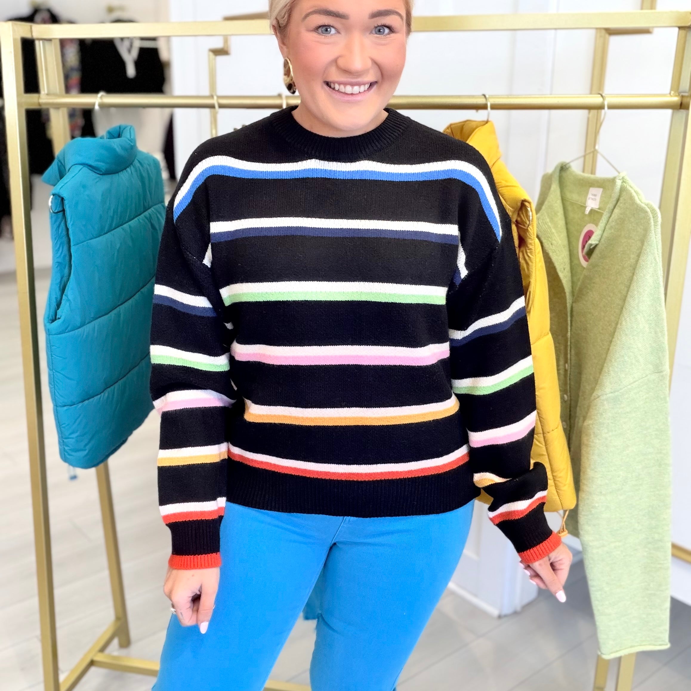 Multi Stripe Crew Neck Knit Sweater in Black | THML