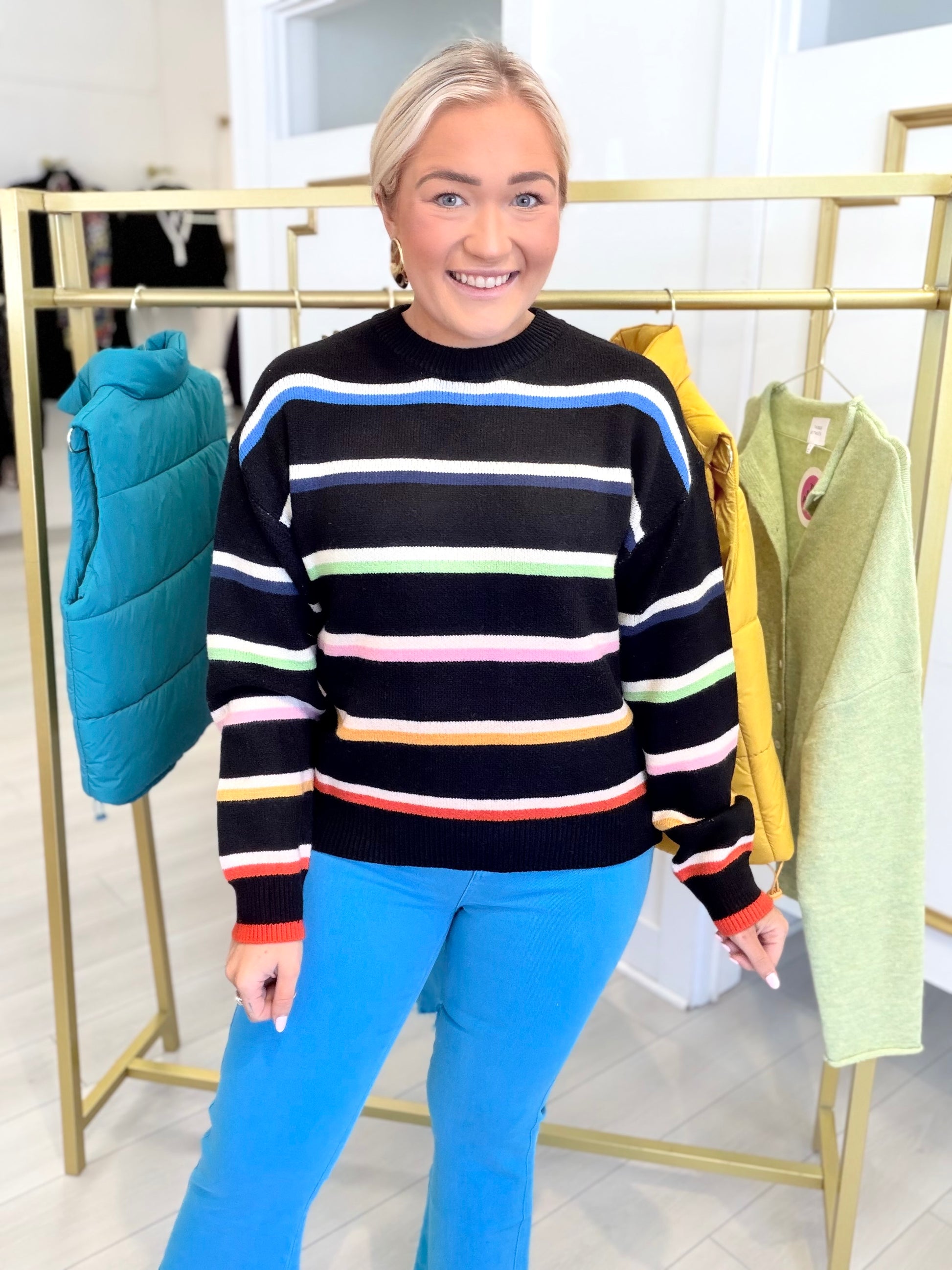 Multi Stripe Crew Neck Knit Sweater in Black | THML