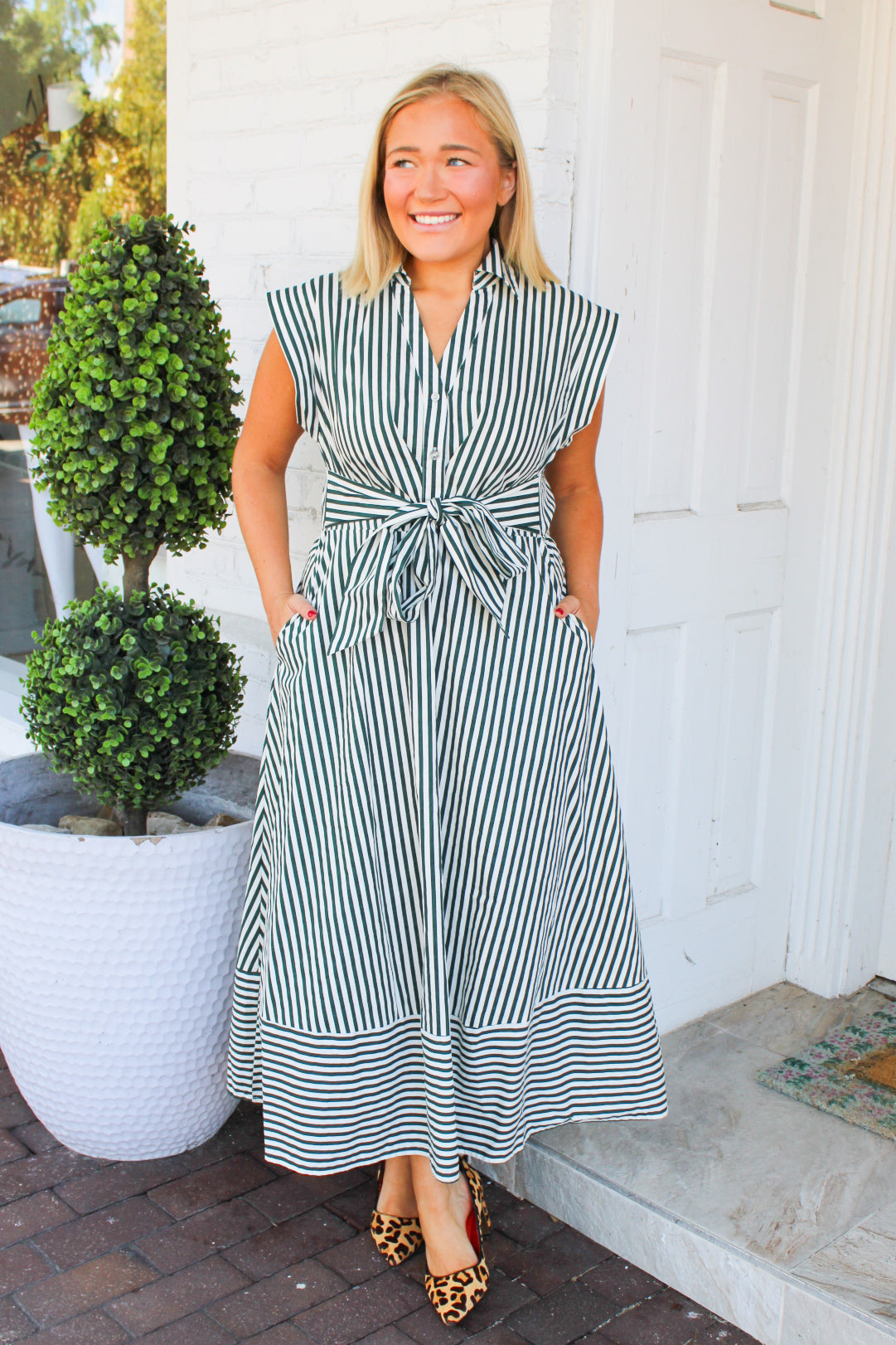 Bowing in with Stripes Dress in Green