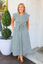 Bowing in with Stripes Dress in Green