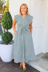 Bowing in with Stripes Dress in Green