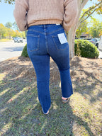 High Rise Dark Wash Raw Hem Kick Flare Denim | VERVET