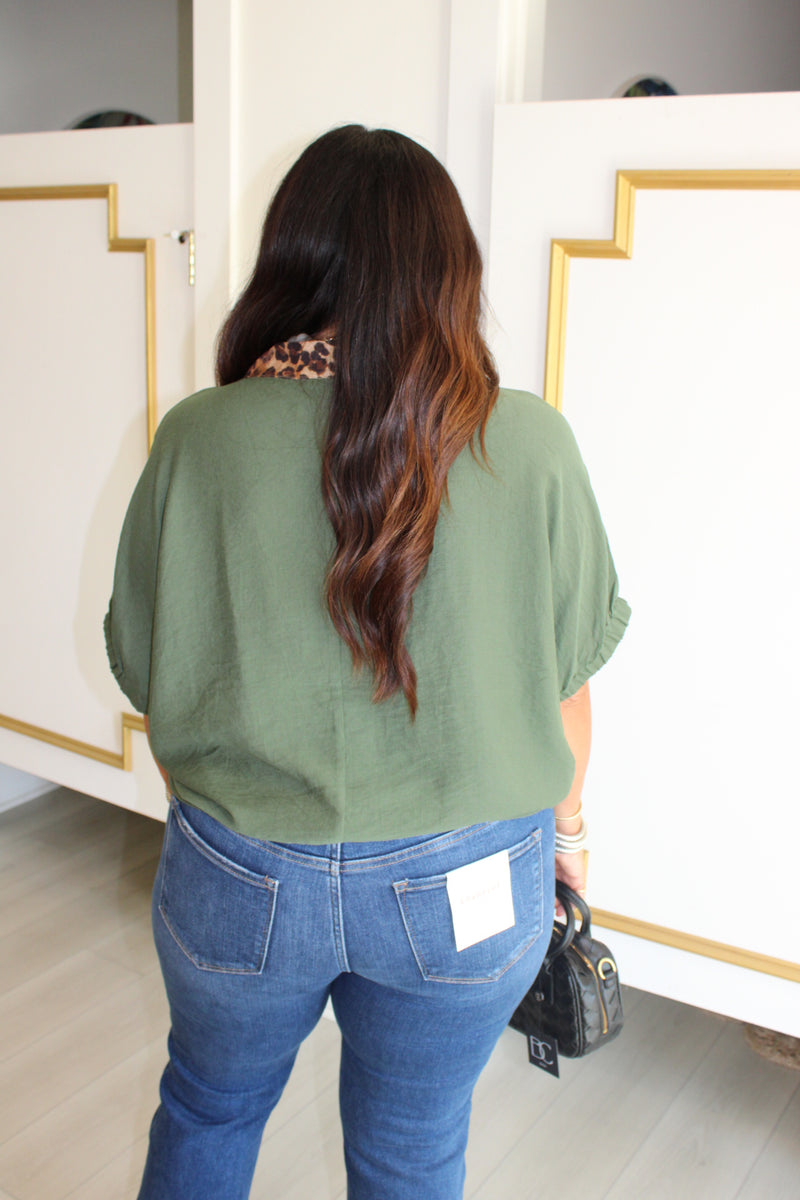 Olive Trimmed in Leopard Blouse