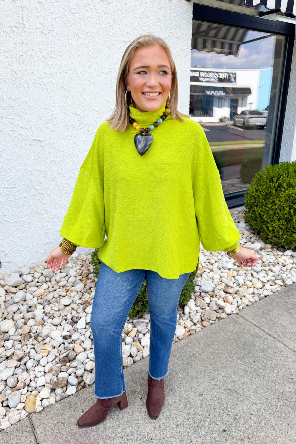 Anytime + Anywhere Mockneck Sweater in Lime Green