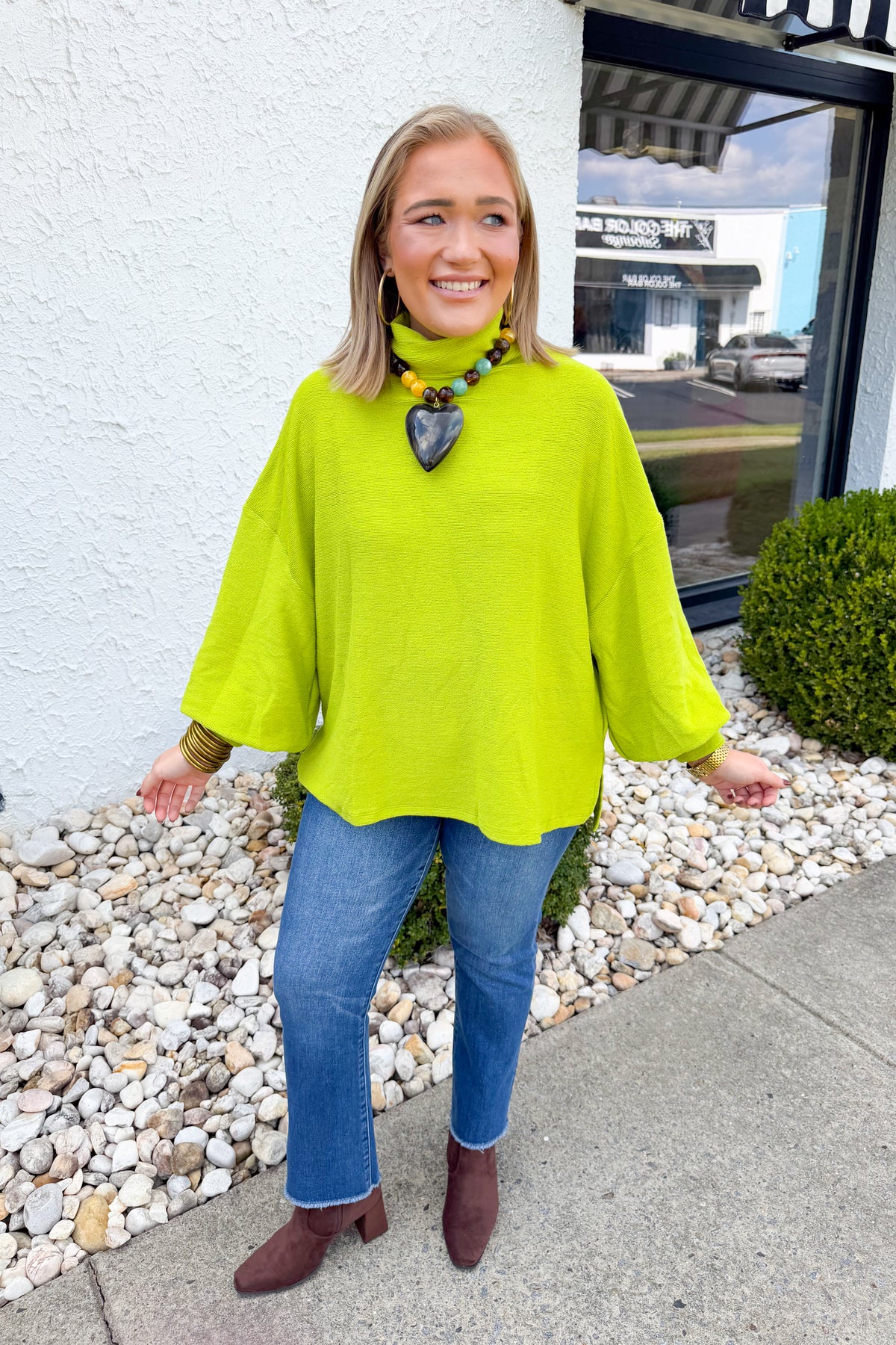 Anytime + Anywhere Mockneck Sweater in Lime Green