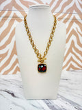 Gold Linked Chain Necklace with Marble Stone - Tortoise