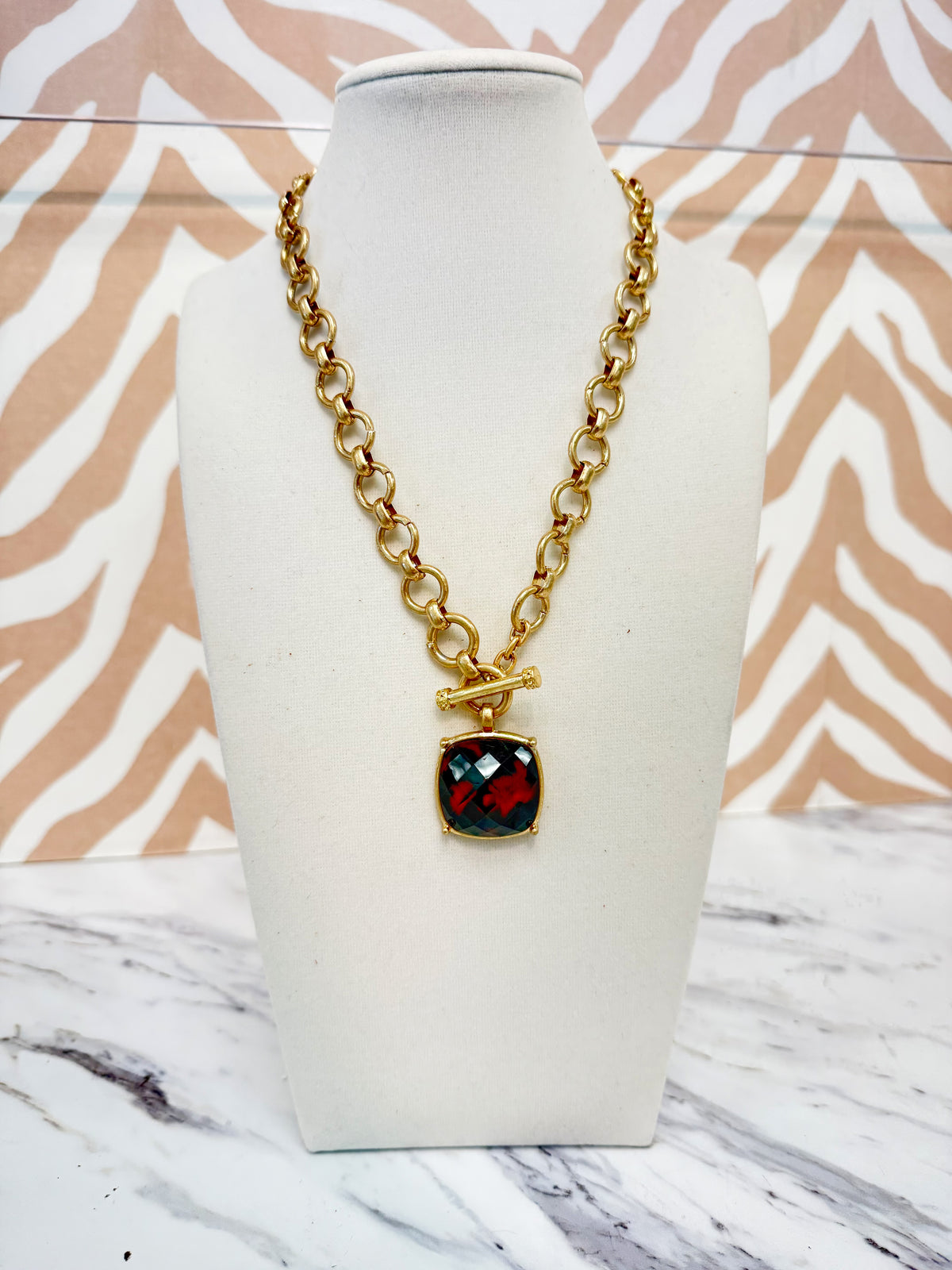 Gold Linked Chain Necklace with Marble Stone - Tortoise