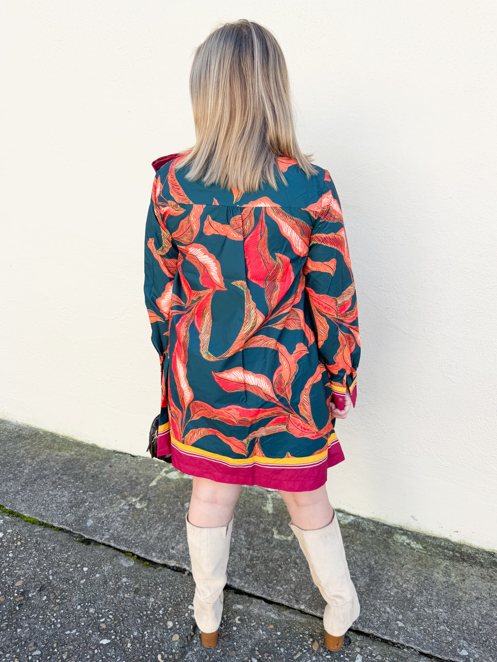 Neck Tie Bow Long Sleeve Abstract Print Mini Dress in Hunter Green