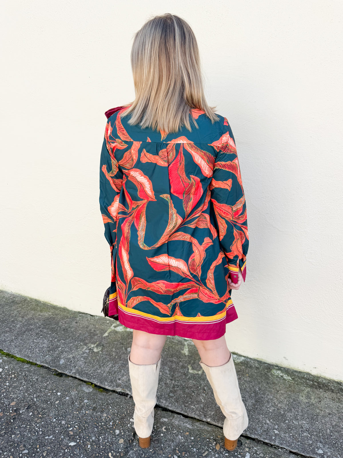 Neck Tie Bow Long Sleeve Abstract Print Mini Dress in Hunter Green