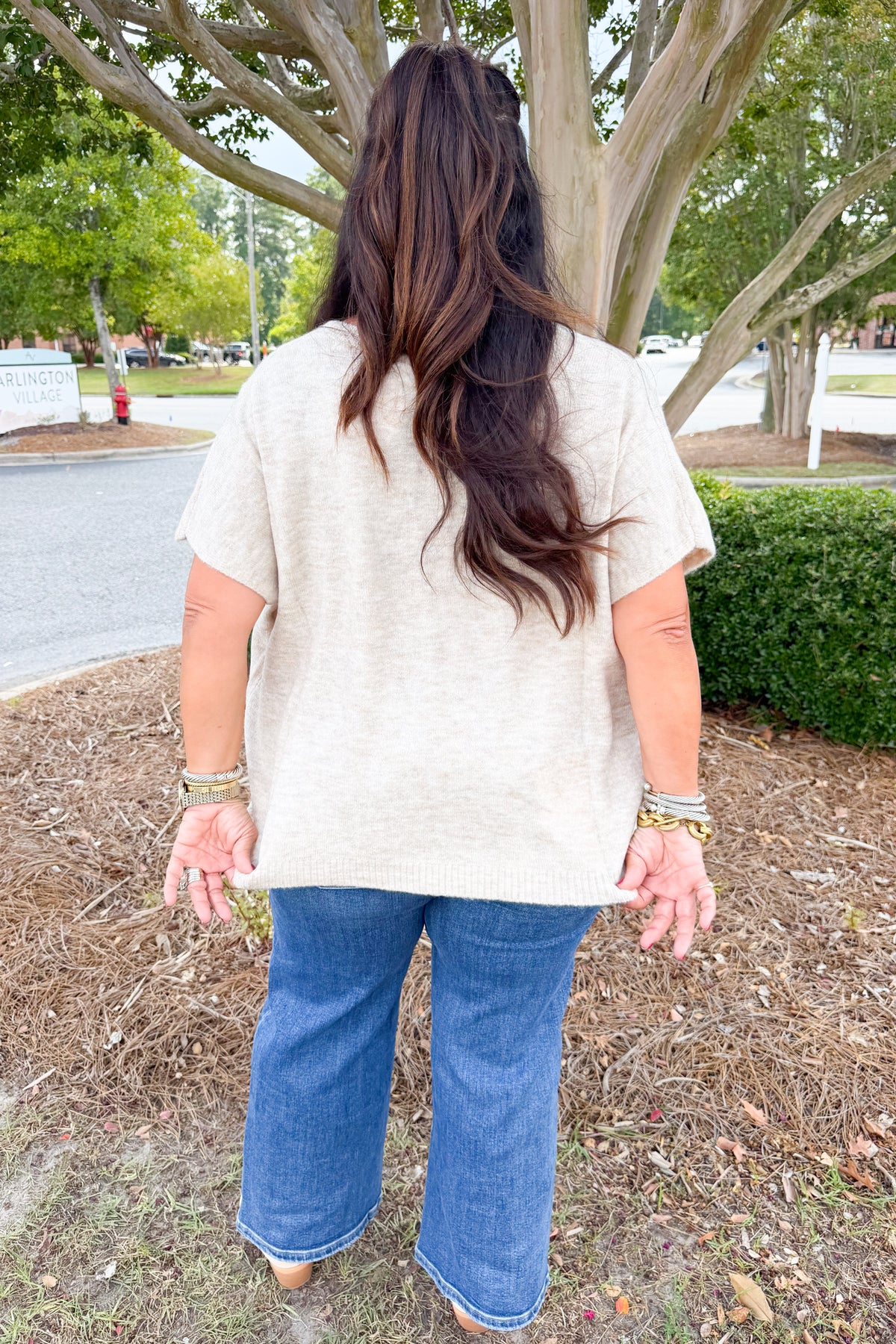 Oversized V-Neck Short Sleeve Sweater in Heather Beige