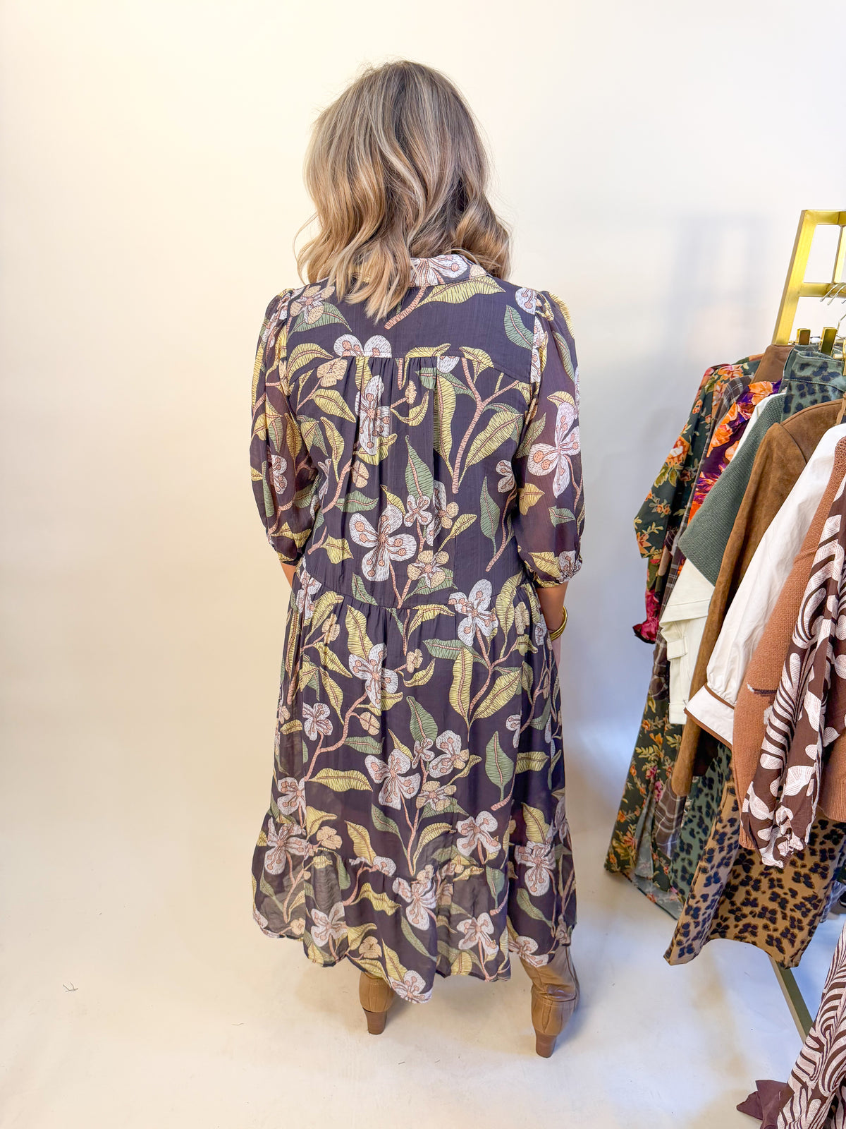 Floral Abstract Print Collared Midi Dress in Brown Mix