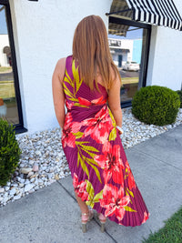 Floral One Shoulder Asymmetrical Pleated Dress - Plum