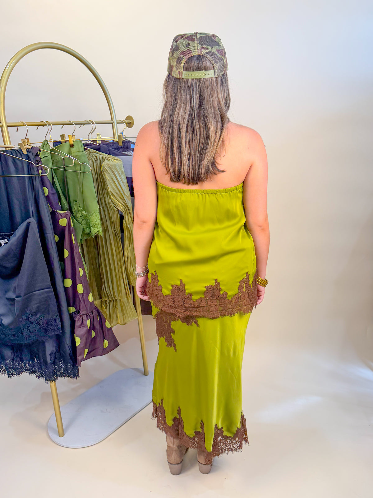 Laced Up Smocked Back Tube Top - Olive/Brown