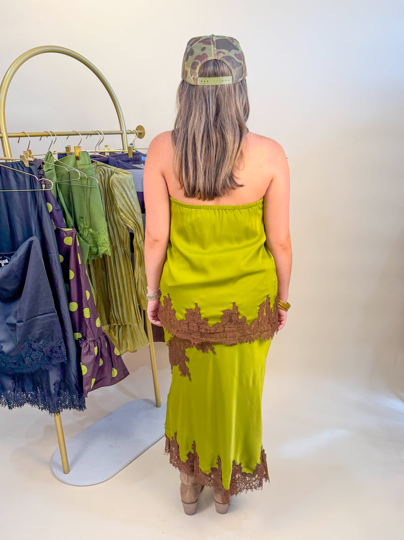 Laced Up Smocked Back Tube Top - Olive/Brown