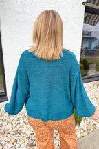 Oversized Knit Round Neck Balloon Sleeve Sweater in Ocean Teal