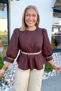 Long Puff Sleeve Belt Buckle Blouse in Brown