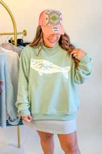Fish Mock Neck Printed Sweatshirt - Sage