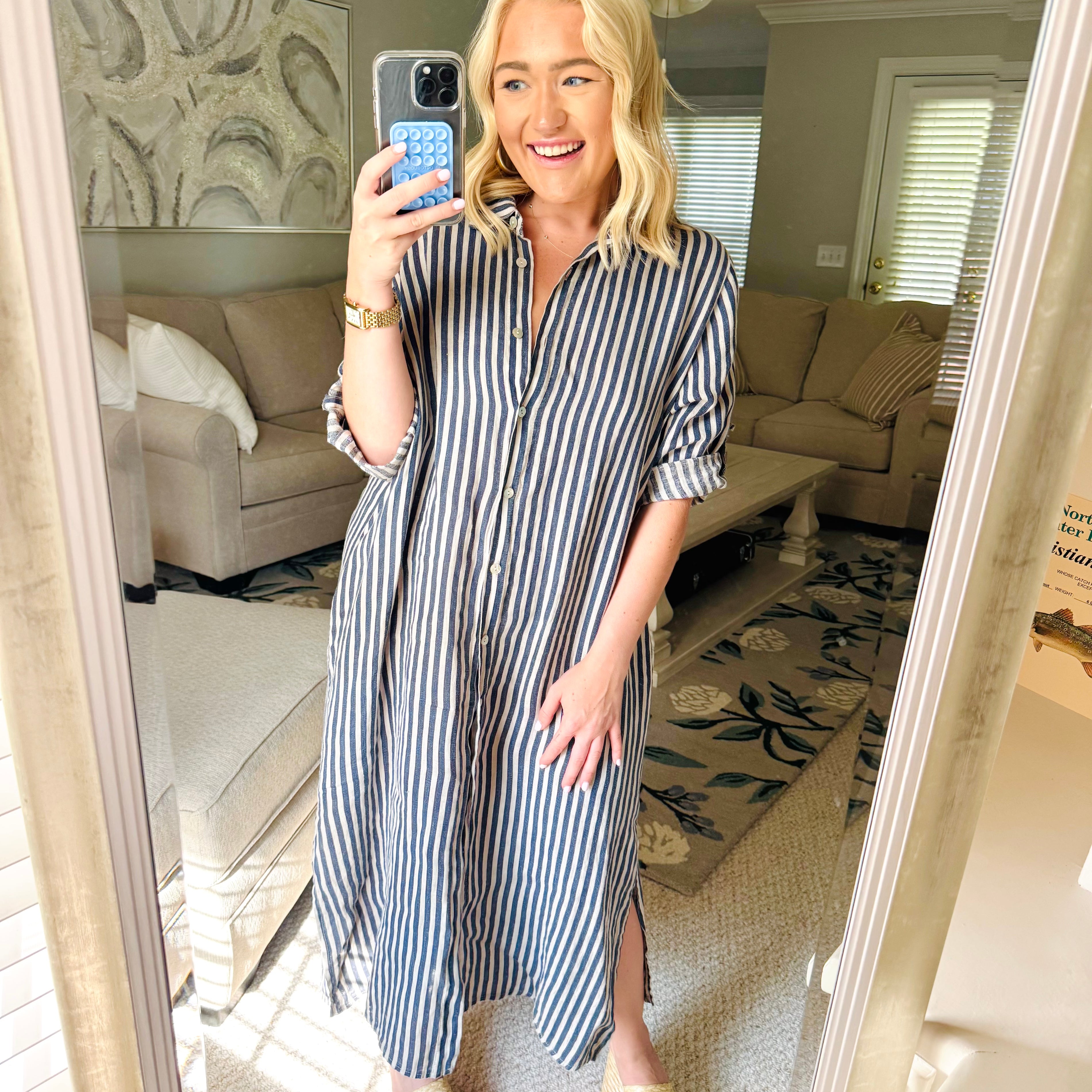 Coastal Chic Linen Dress in Sand/Navy