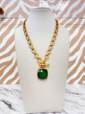 Gold Linked Chain Necklace with Marble Stone - Emerald Green