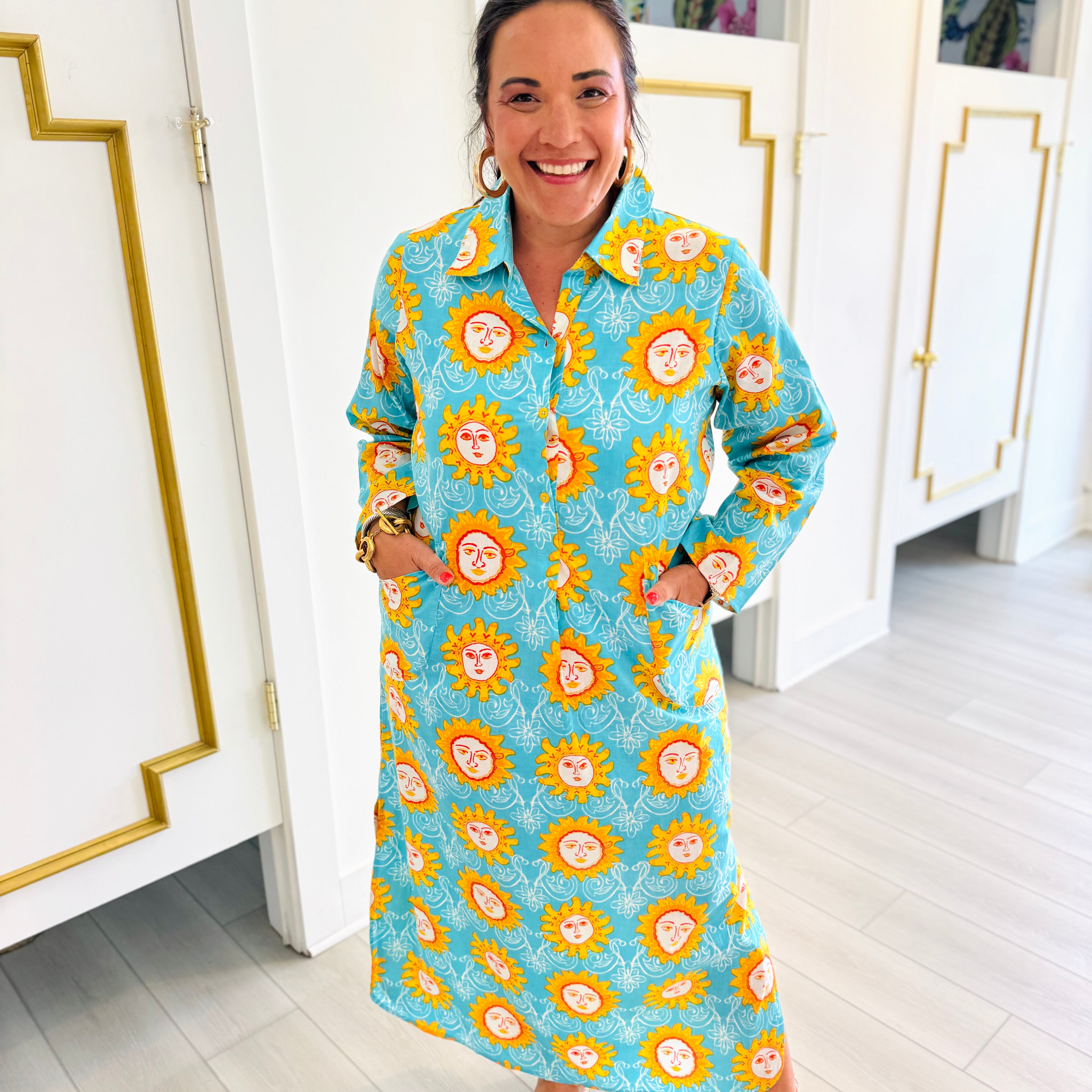 Gabriella Caftan Shirtdress-Aqua Blue Orange Spring
