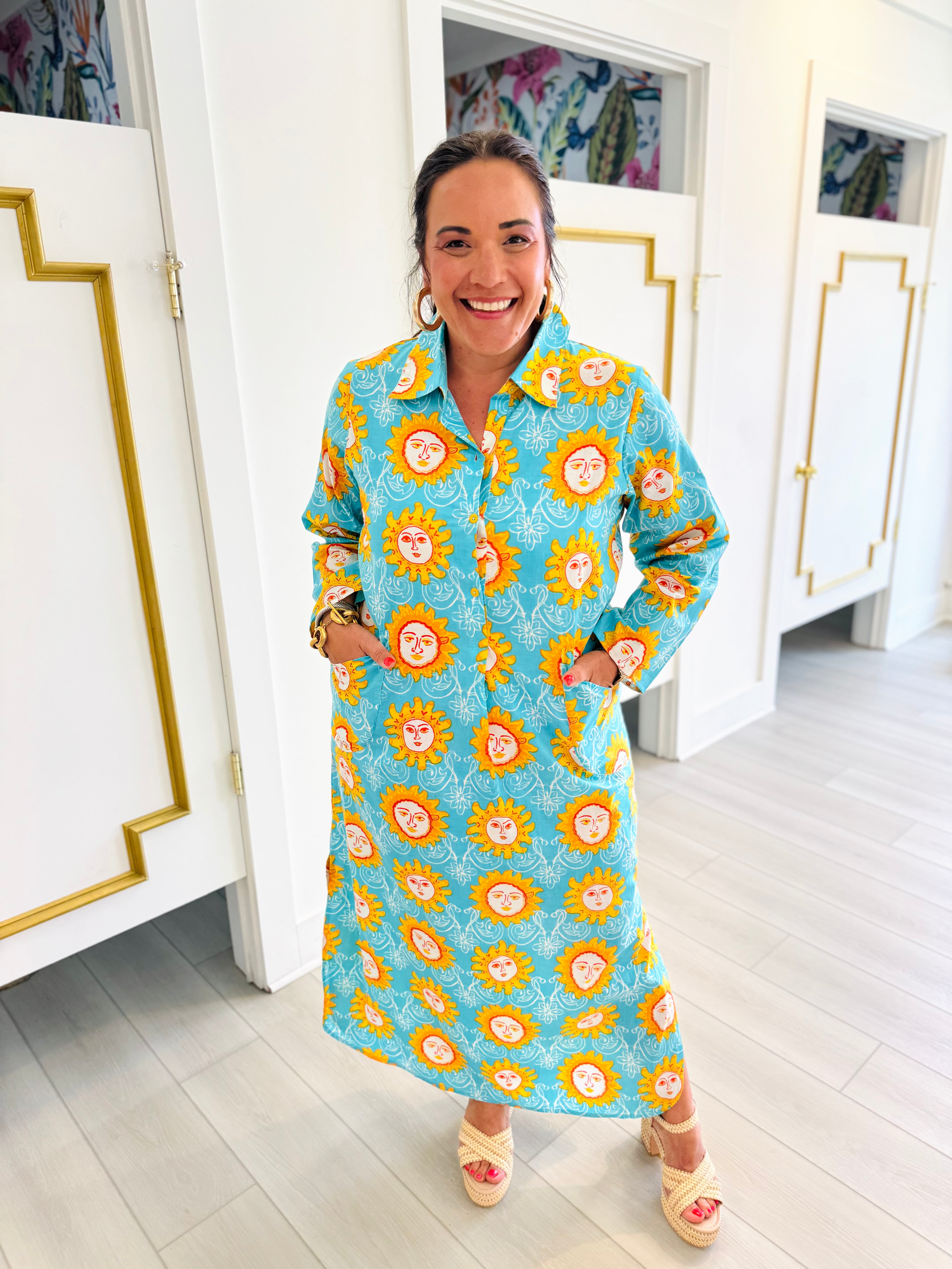 Gabriella Caftan Shirtdress-Aqua Blue Orange Spring