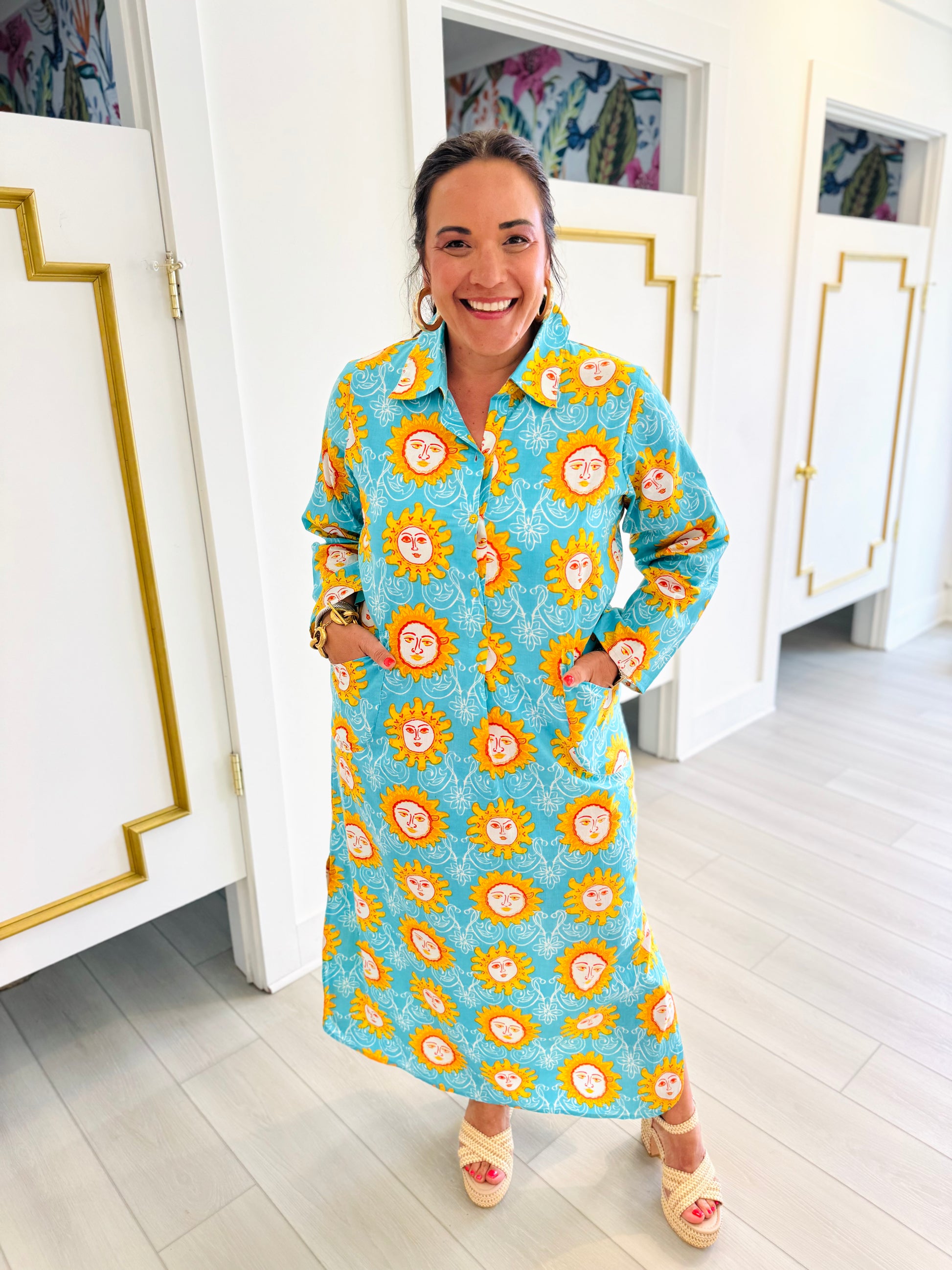 Gabriella Caftan Shirtdress-Aqua Blue Orange Spring