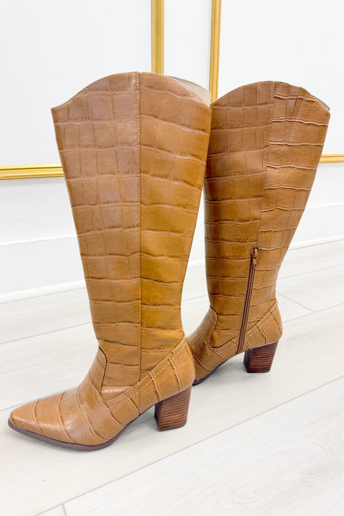 Crocodile Knee High Block Heel Boot in Tan