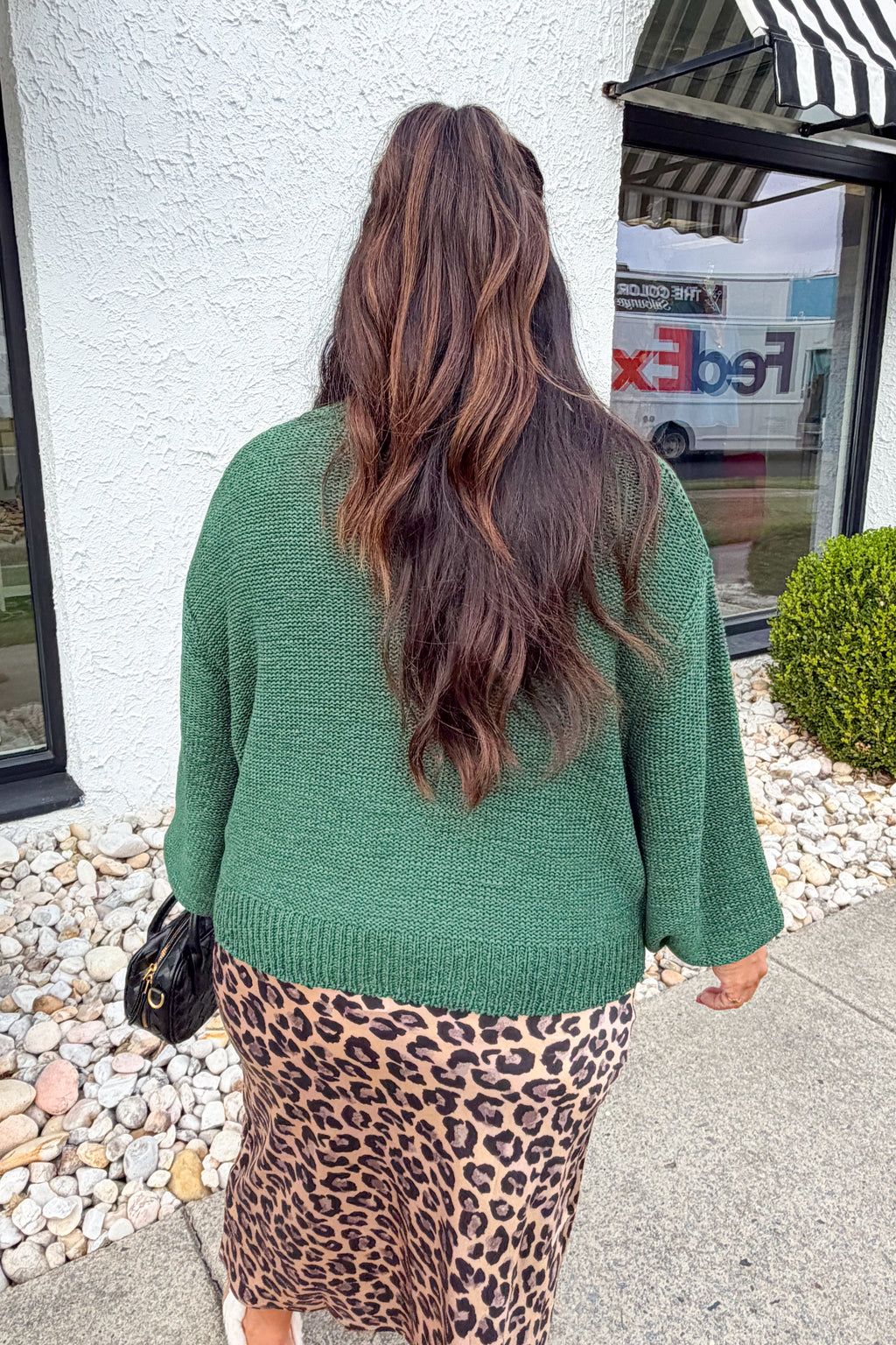 Oversized Knit Round Neck Balloon Sleeve Sweater in Dark Green