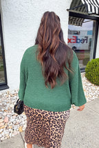 Oversized Knit Round Neck Balloon Sleeve Sweater in Dark Green