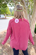 Ribbed Boat Neck Long Sleeve Oversized Sweater in Burgundy