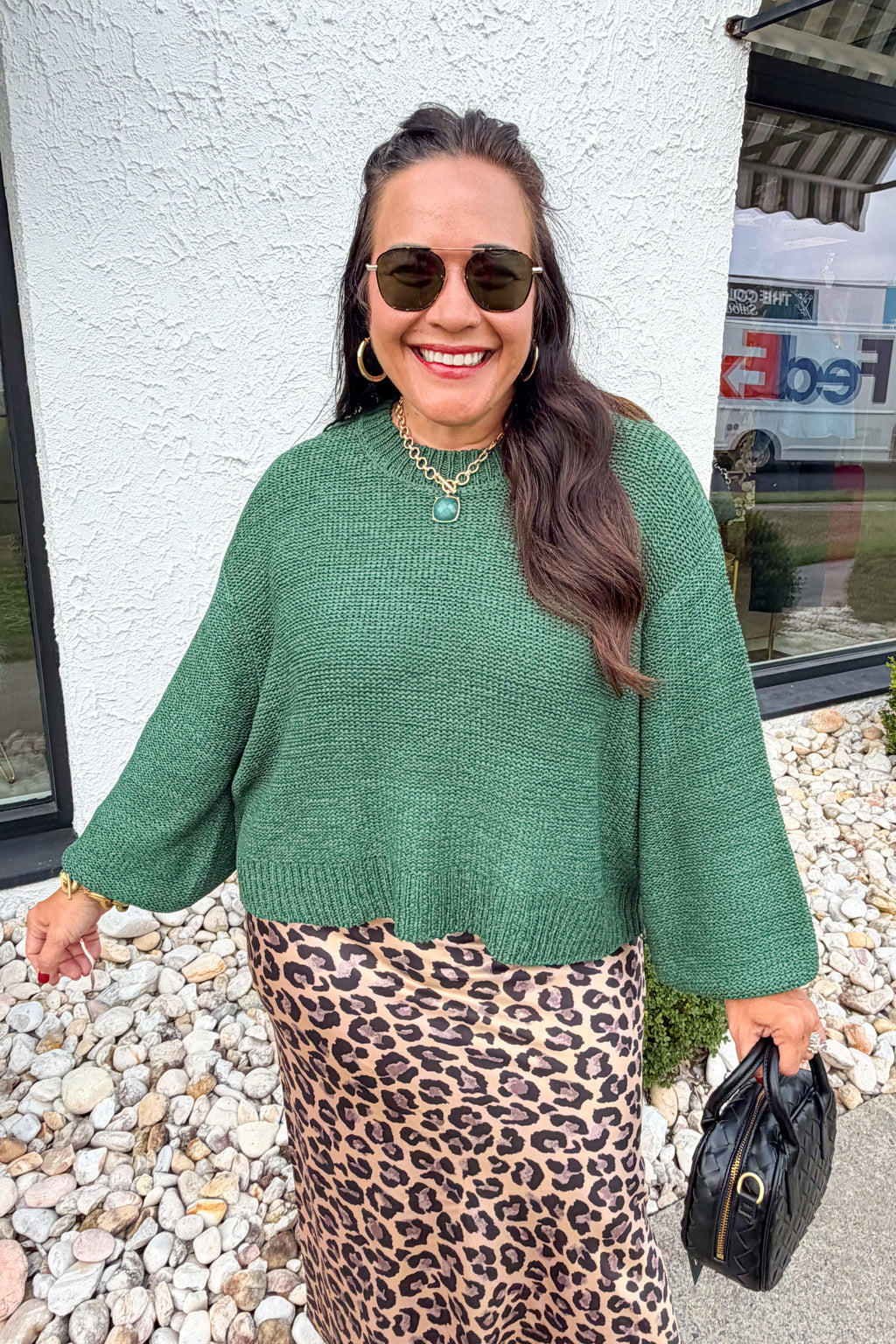 Oversized Knit Round Neck Balloon Sleeve Sweater in Dark Green