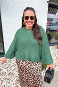 Oversized Knit Round Neck Balloon Sleeve Sweater in Dark Green