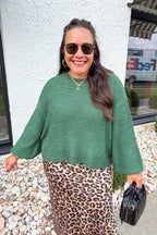 Oversized Knit Round Neck Balloon Sleeve Sweater in Dark Green