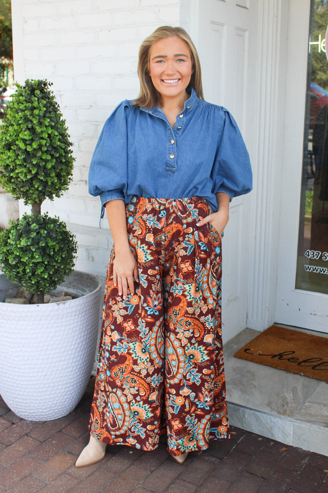 Paisley Print Elastic Waist Wide Leg Pants in Brown Mix