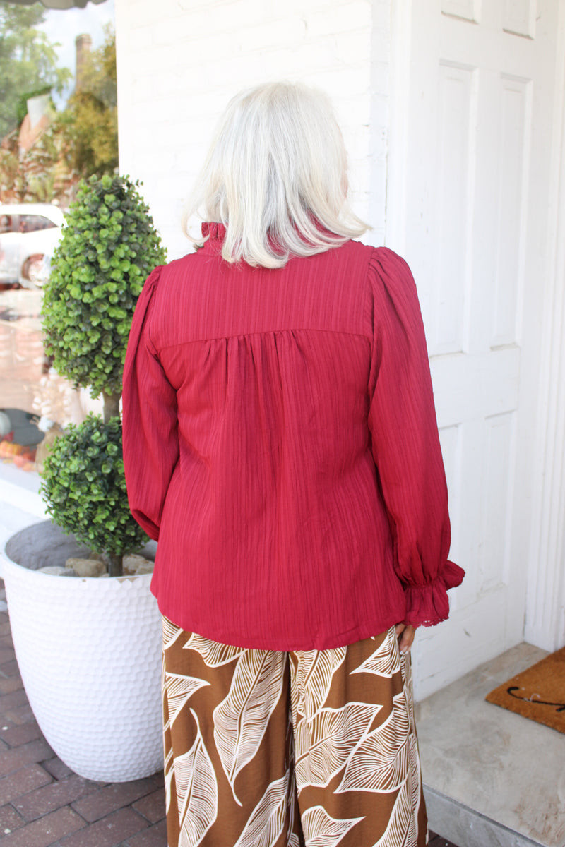 Easy Essential Button Down Puff Sleeve Top in Merlot