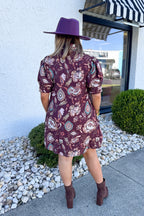 Floral Stand Collar Puff Sleeve Mini Dress in Wine