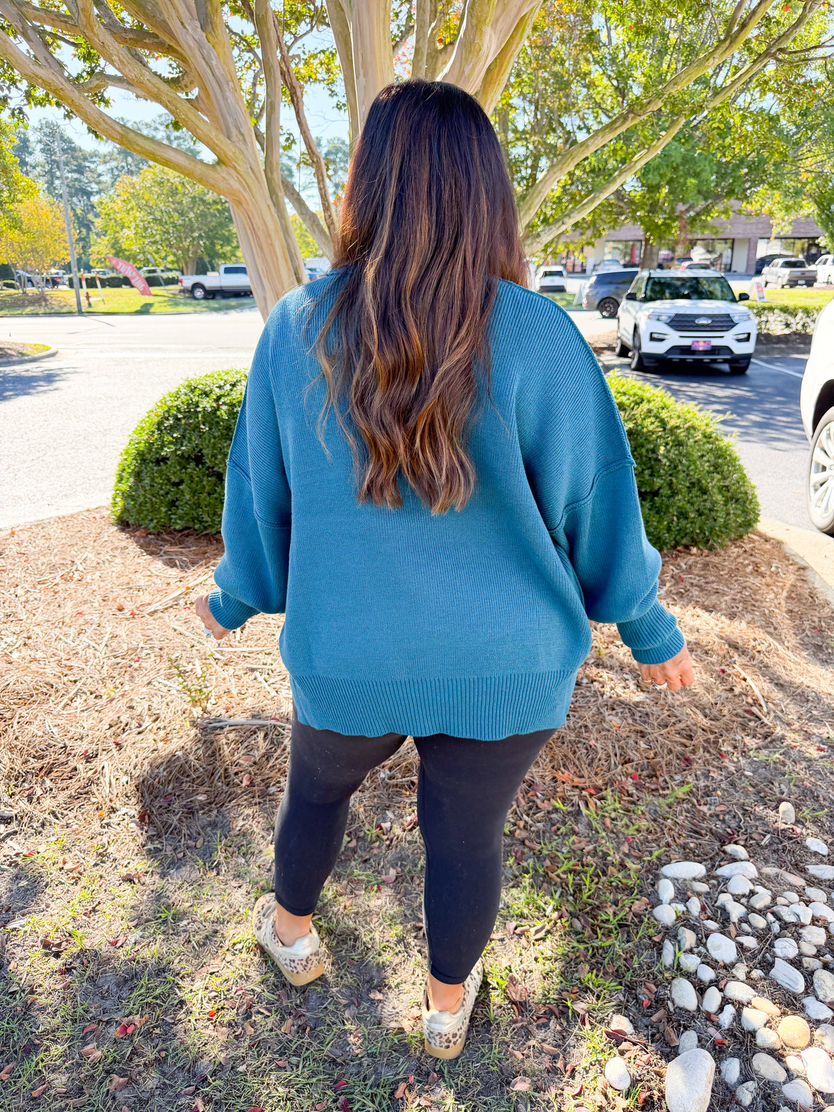 Side Slit Mockneck Long Sleeve Knit Sweater in Teal
