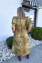 Tiger Print Short Puff Sleeve Midi Dress in Olive