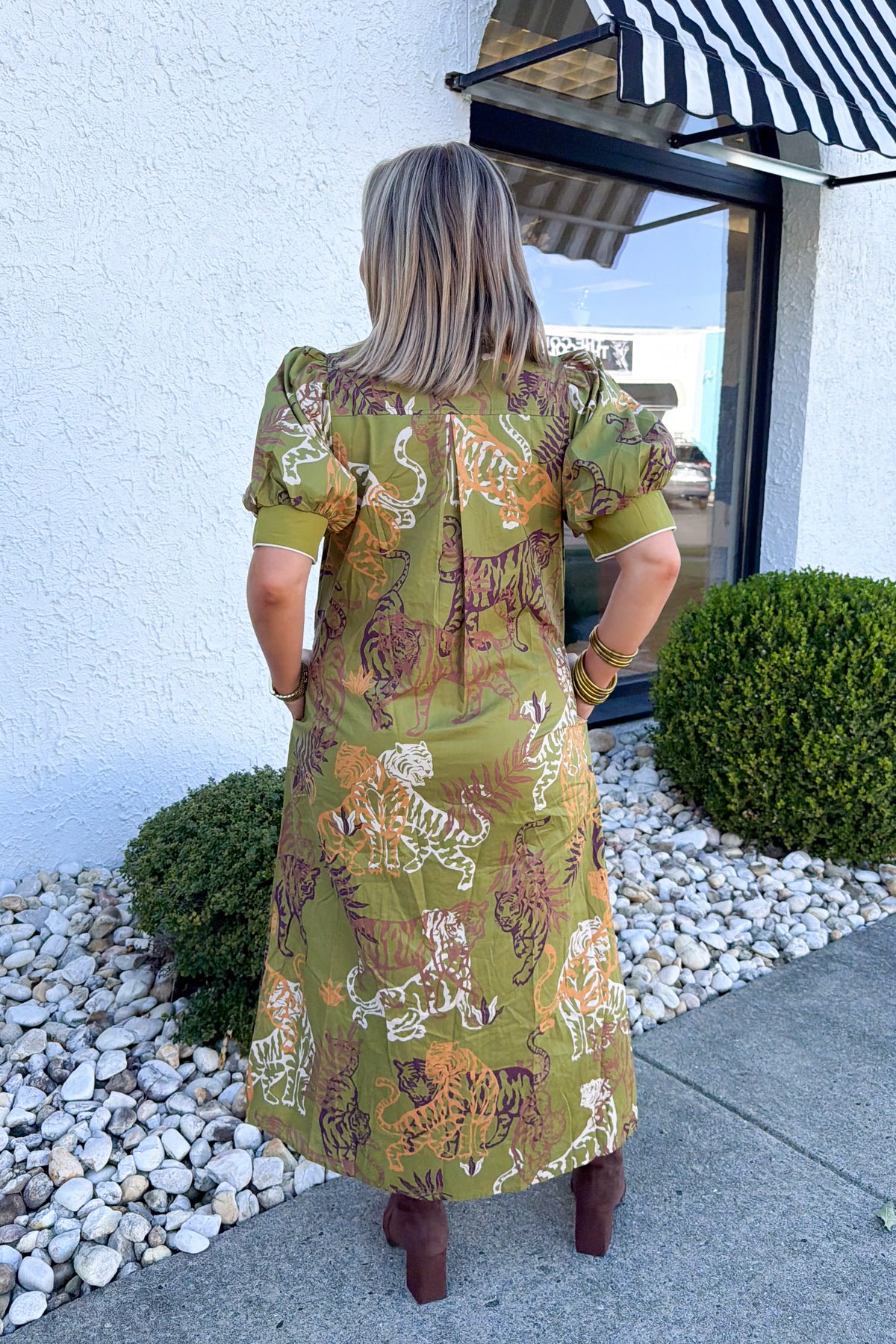 Tiger Print Short Puff Sleeve Midi Dress in Olive