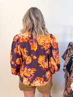Floral Print Ruffle Long Sleeve Blouse in Pumpkin