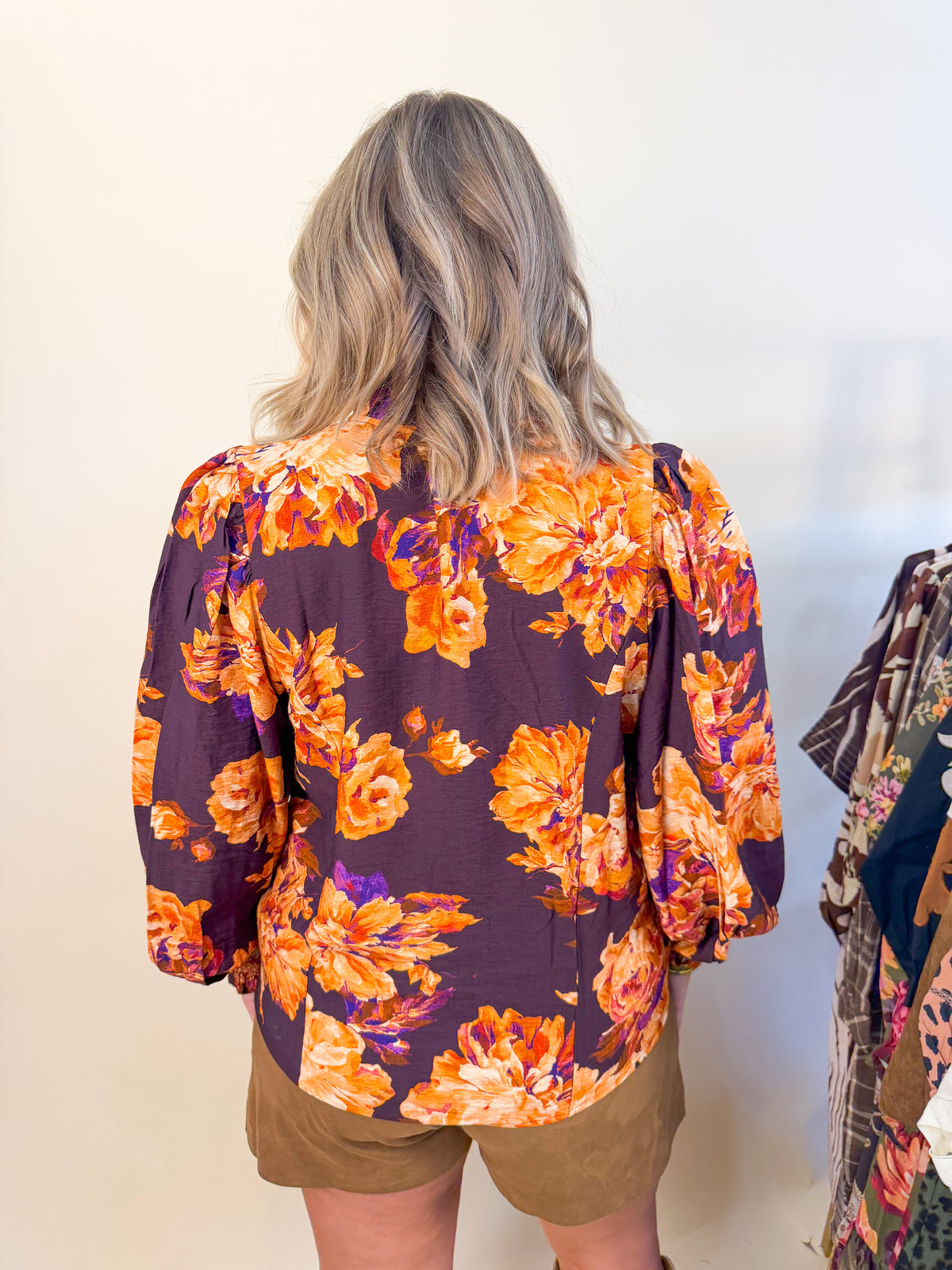 Floral Print Ruffle Long Sleeve Blouse in Pumpkin