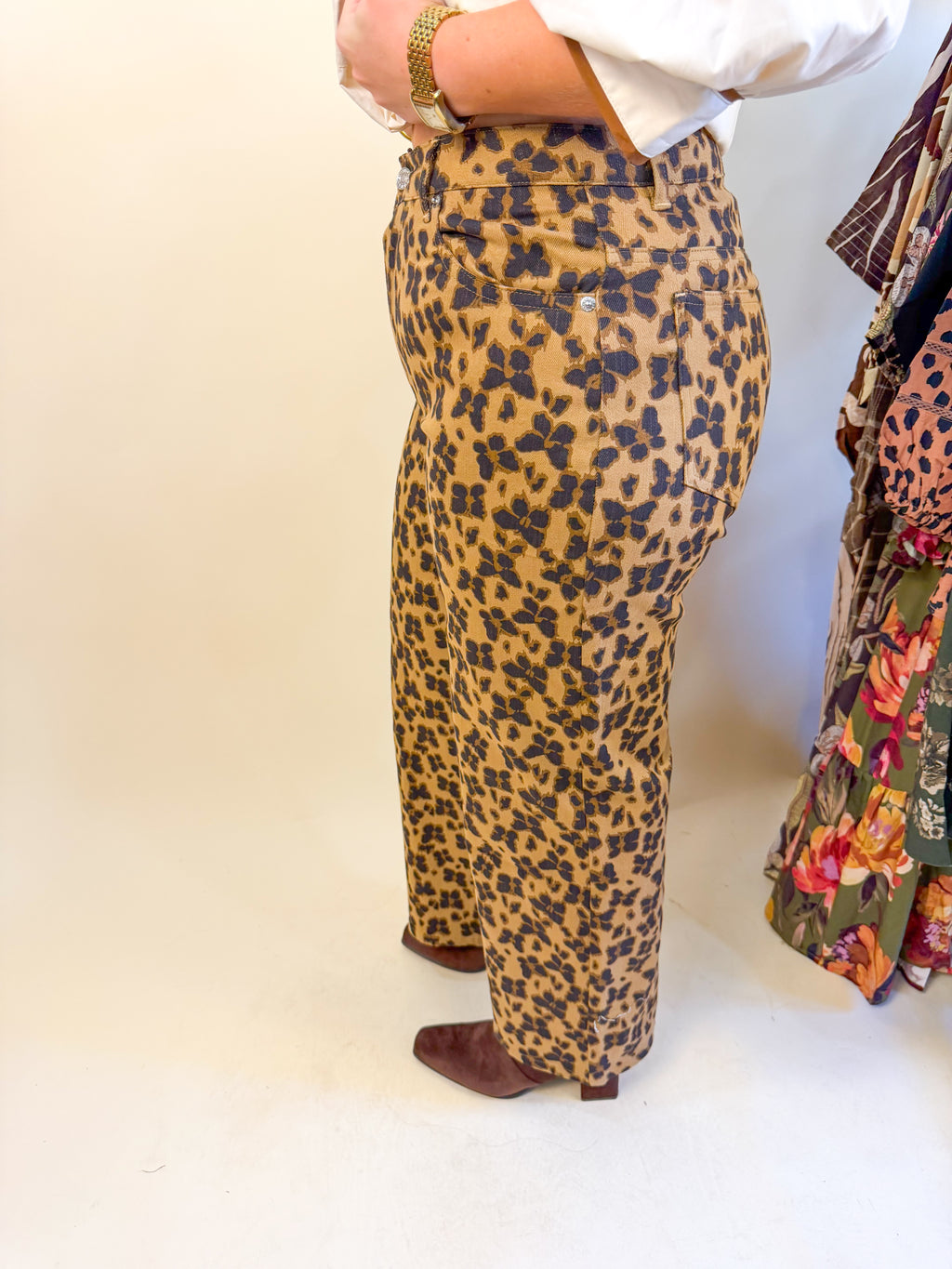 Animal Print Wide Leg Denim in Brown