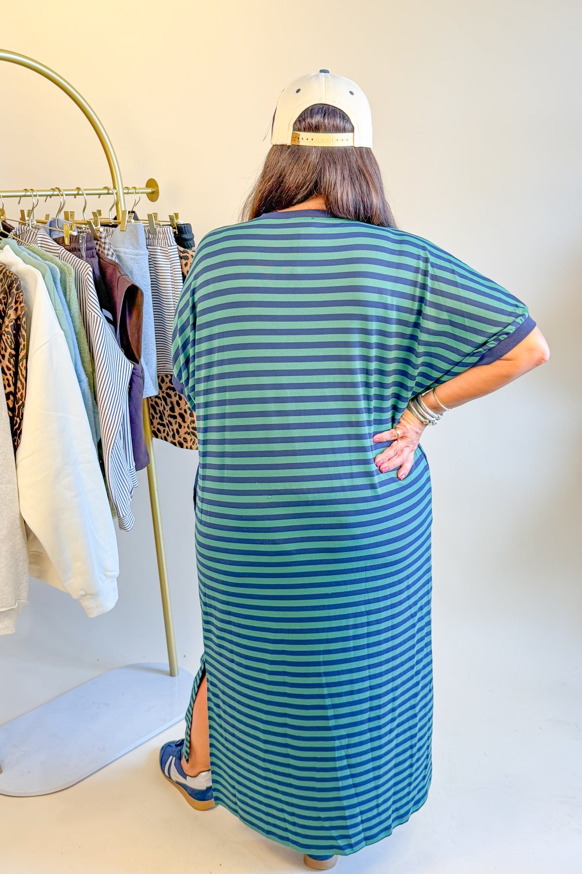 The Best Basic T-Shirt Dress in Green/Navy Stripes