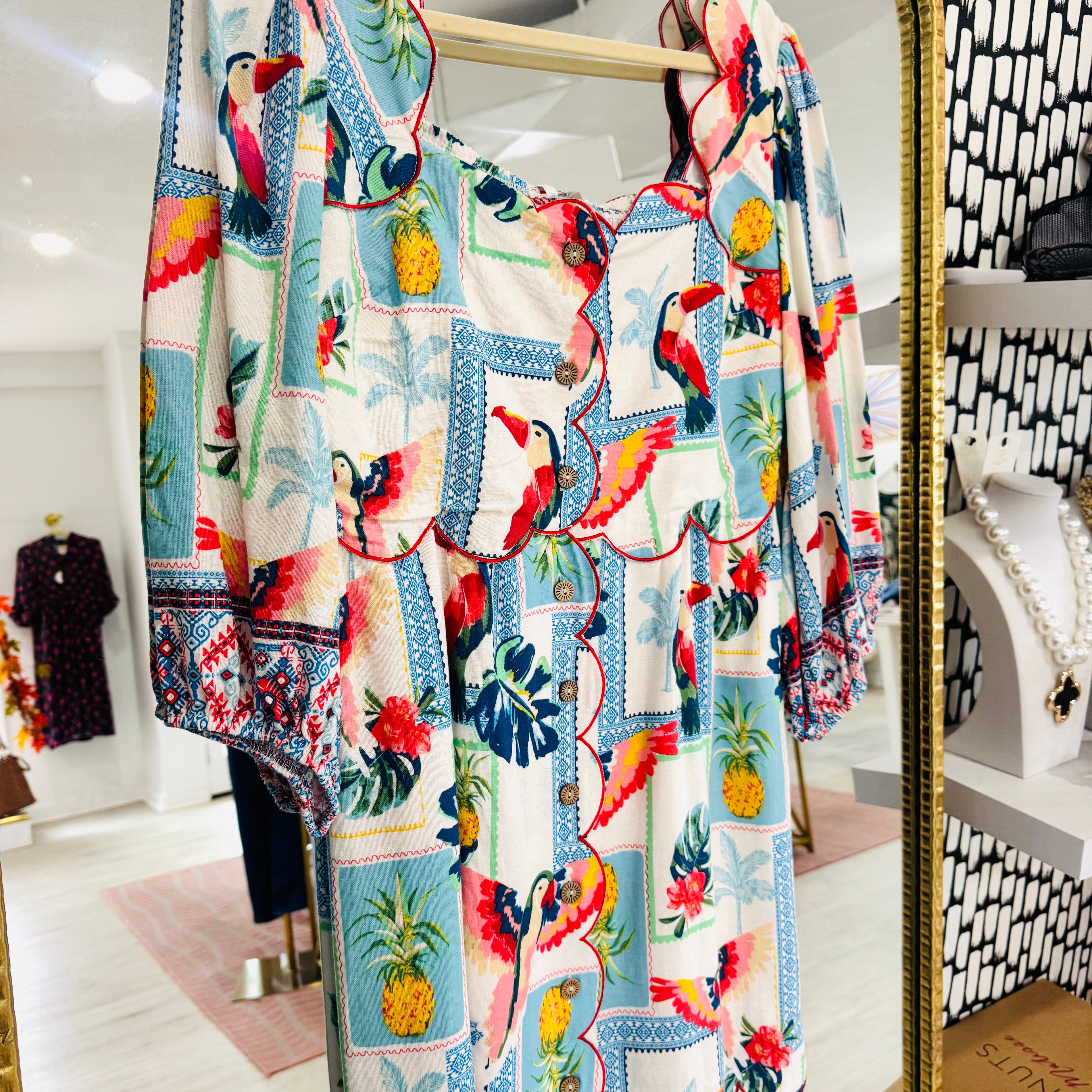 Parrots in Tulum Scalloped Dress