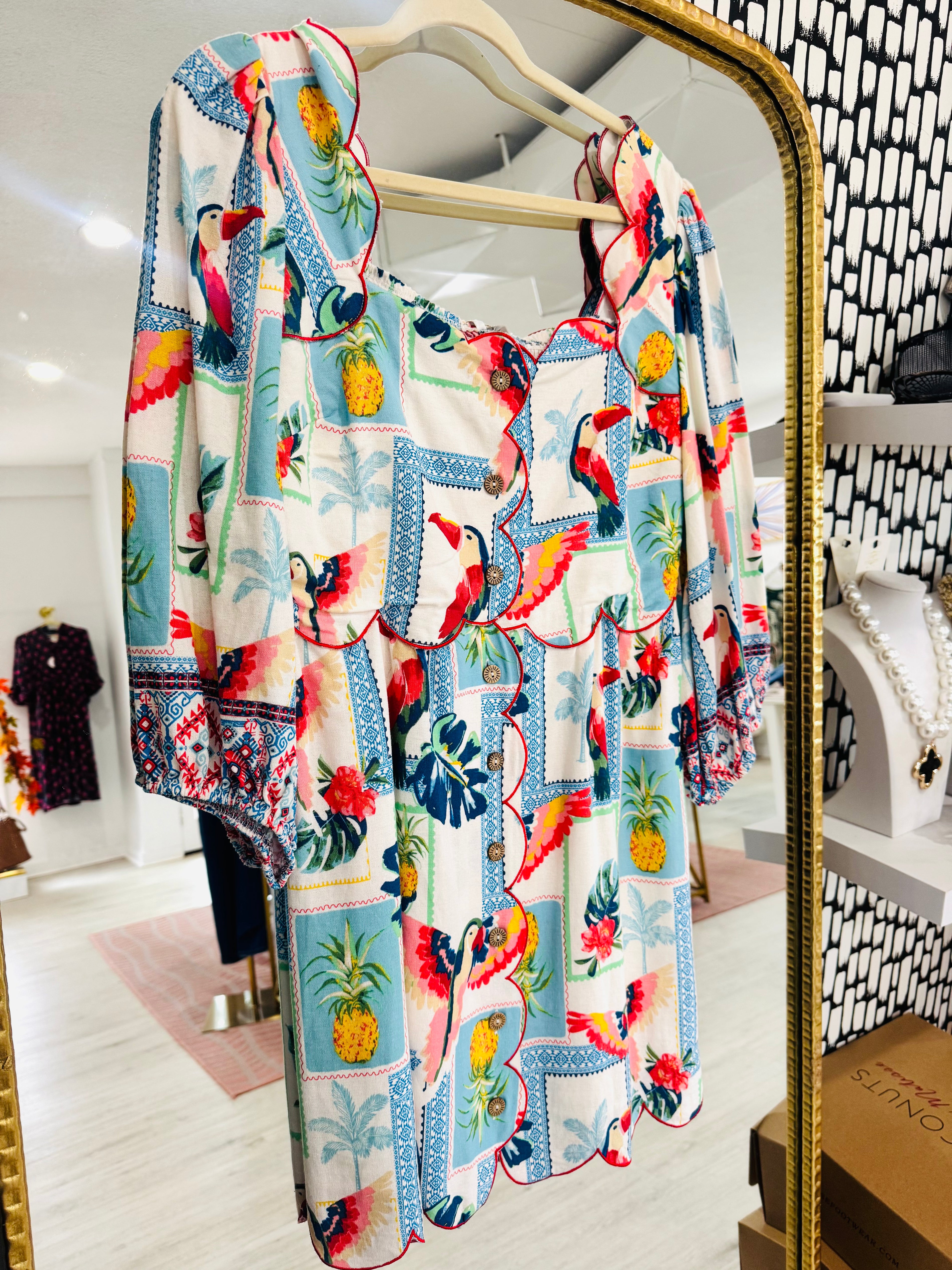 Parrots in Tulum Scalloped Dress